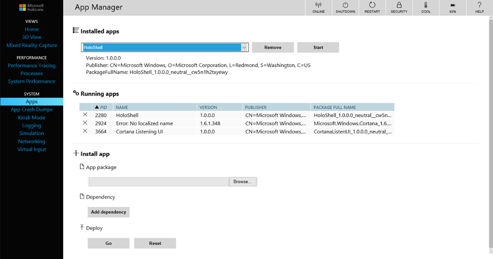 Windows 设备门户安装 Side-Loaded 应用。