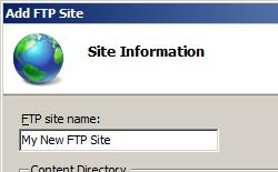 Screenshot that shows the Add F T P Site dialog box for Site Information.