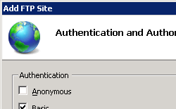 Screenshot that shows the Add F T P Site dialog box for Authentication and Authorization Information.