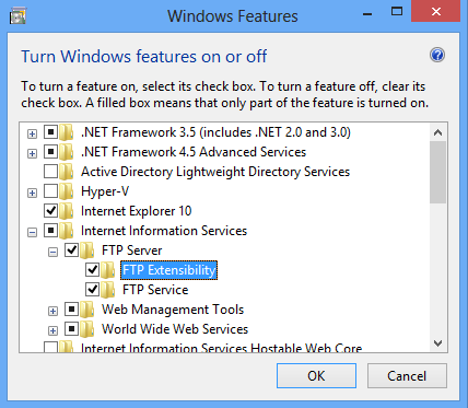 Screenshot of the Windows Features dialog box. F T P Extensibility is highlighted.