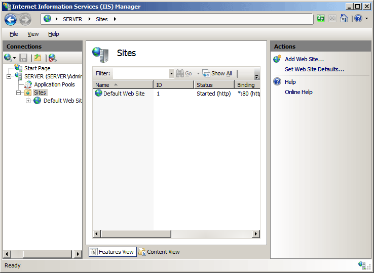 Screenshot of the Sites pane with the Default Web Site.