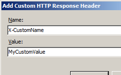 Screenshot of Add Custom H T T P Header dialog box with fields for name and value for custom header.