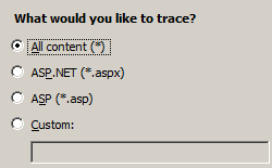 Screenshot of Specify Content to Trace page of the Add Failed Request Tracing Rule Wizard, with content type selected.