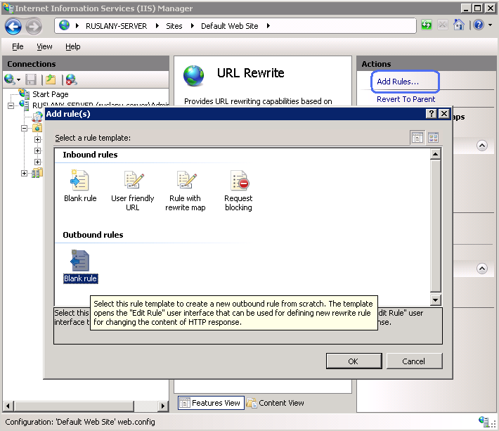 Screenshot of the Add rule dialog. Blank Rule under the Outbound Rules category is selected. Add Rules in the Actions pane is highlighted.