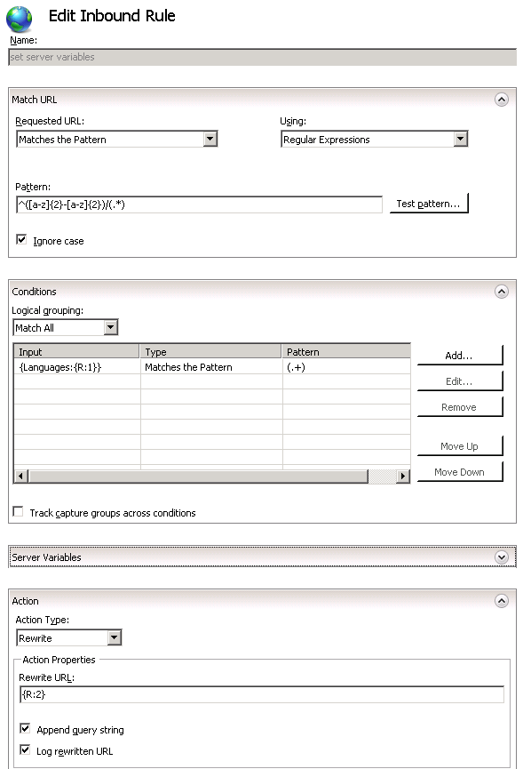 Screenshot of the Edit Inbound Rule screen showing the Name, Match U R L, Conditions, Server Variables, and Actions sections.