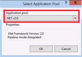 “选择应用程序池”对话框的屏幕截图，其中突出显示了菜单栏中的 dot NET v 2 point 0。