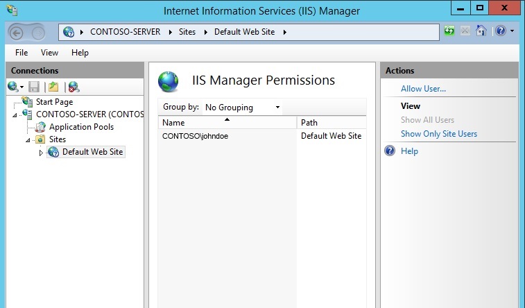 “I S 管理器权限”窗格的屏幕截图。在“名称”下是文本 C O N T O S O 反斜杠 john doe。在“路径”下是默认网站。