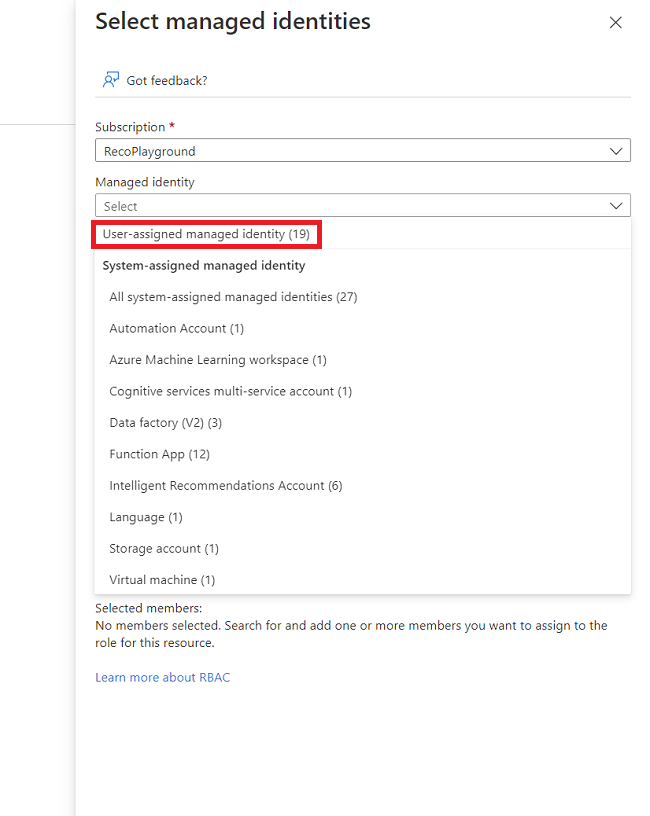 select user assigned managed identity.