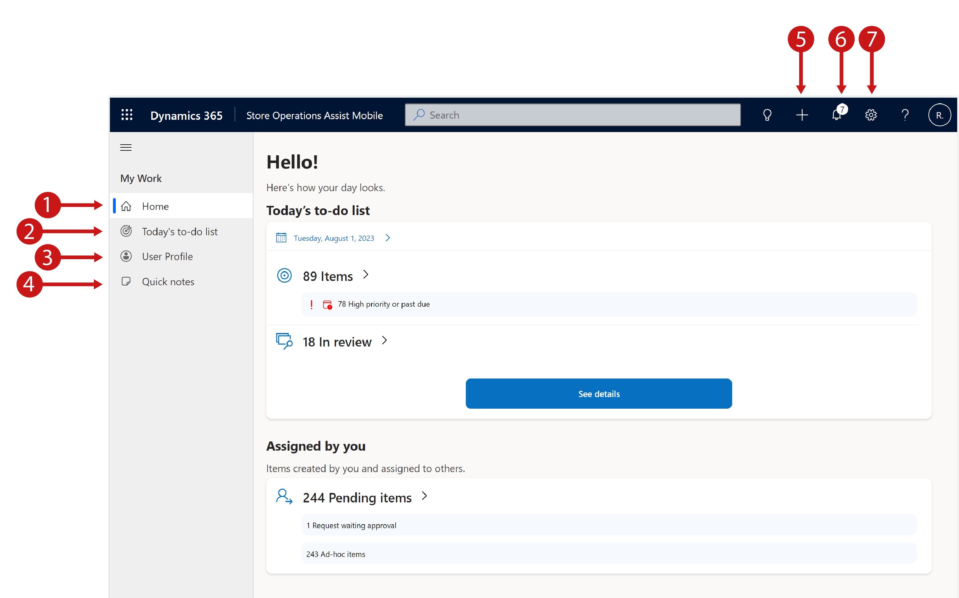 The image shows the site map of Store operations Mobile screen using callouts.