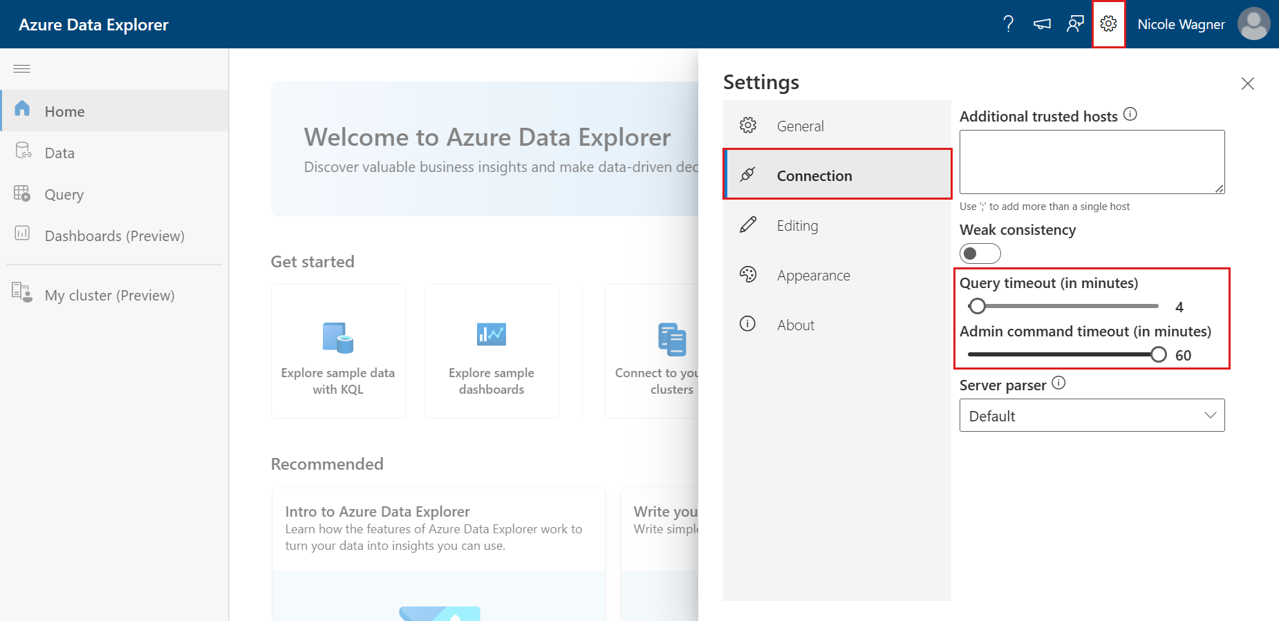 Azure 数据资源管理器 Web UI 中用于控制超时长度的设置的屏幕截图。