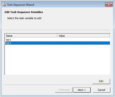 任务序列向导的“编辑任务序列变量”页的屏幕截图。