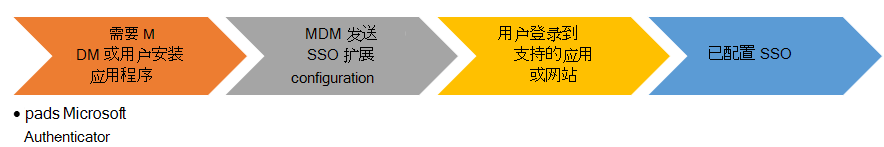 在 iOS/iPadOS 设备上安装 SSO 应用扩展时的最终用户流程图。