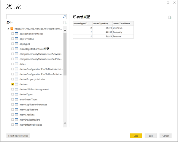 导航器的屏幕截图 - Data Warehouse表的列表。