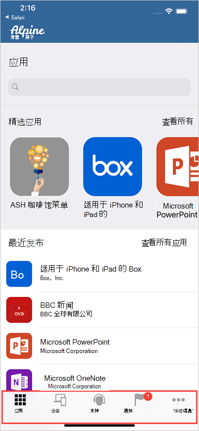 公司门户中适用于 iOS 的图像，突出显示前面的图标。