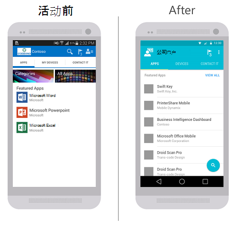 左侧是更新前适用于 Android 的 公司门户 应用的图像。右侧是更新后适用于 Android 的 公司门户 应用的图像。这两个图像都显示“应用”选项卡作为“应用”、“设备”和“联系 IT”这三个可用选项卡的选定选项卡。