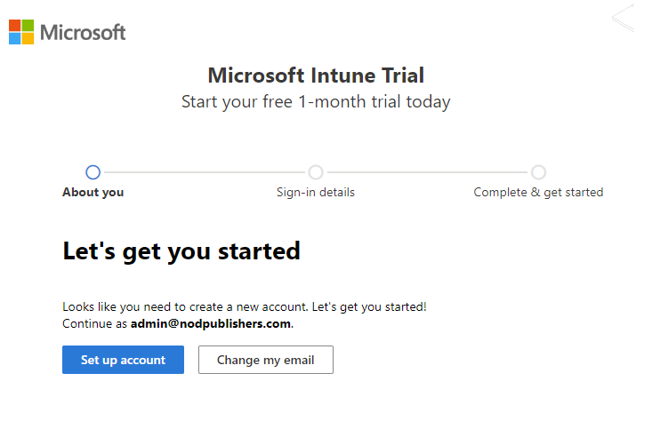 Microsoft Intune 设置帐户页的屏幕截图 - 设置帐户