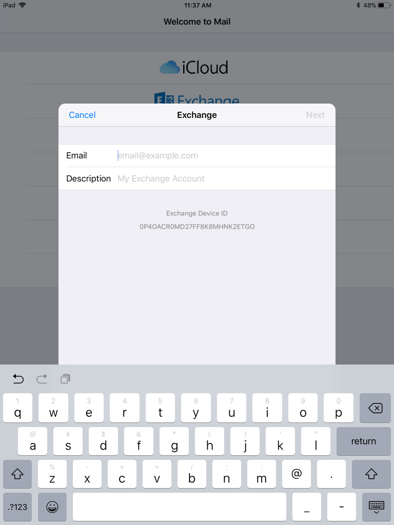 选择 Exchange 后，iOS 设备提示输入电子邮件地址和帐户名。