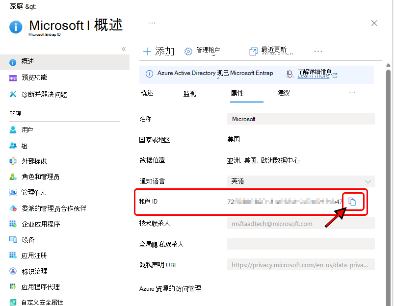 显示Azure 门户中的租户 ID 的图像