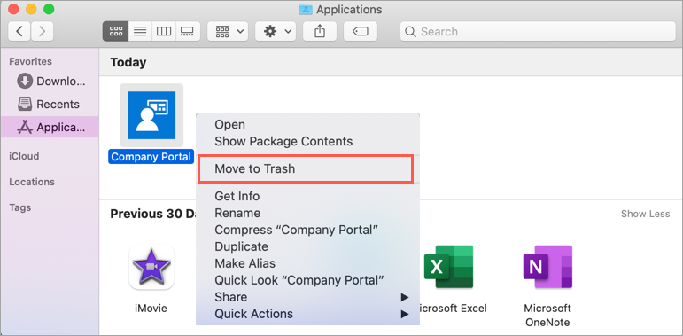 macOS Finder、应用程序文件夹、公司门户应用的示例屏幕截图，其中突出显示了应用菜单中的“移动到回收站”选项。