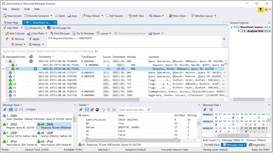 Operations enabled and showing expanded node exposing DNS request/response messages