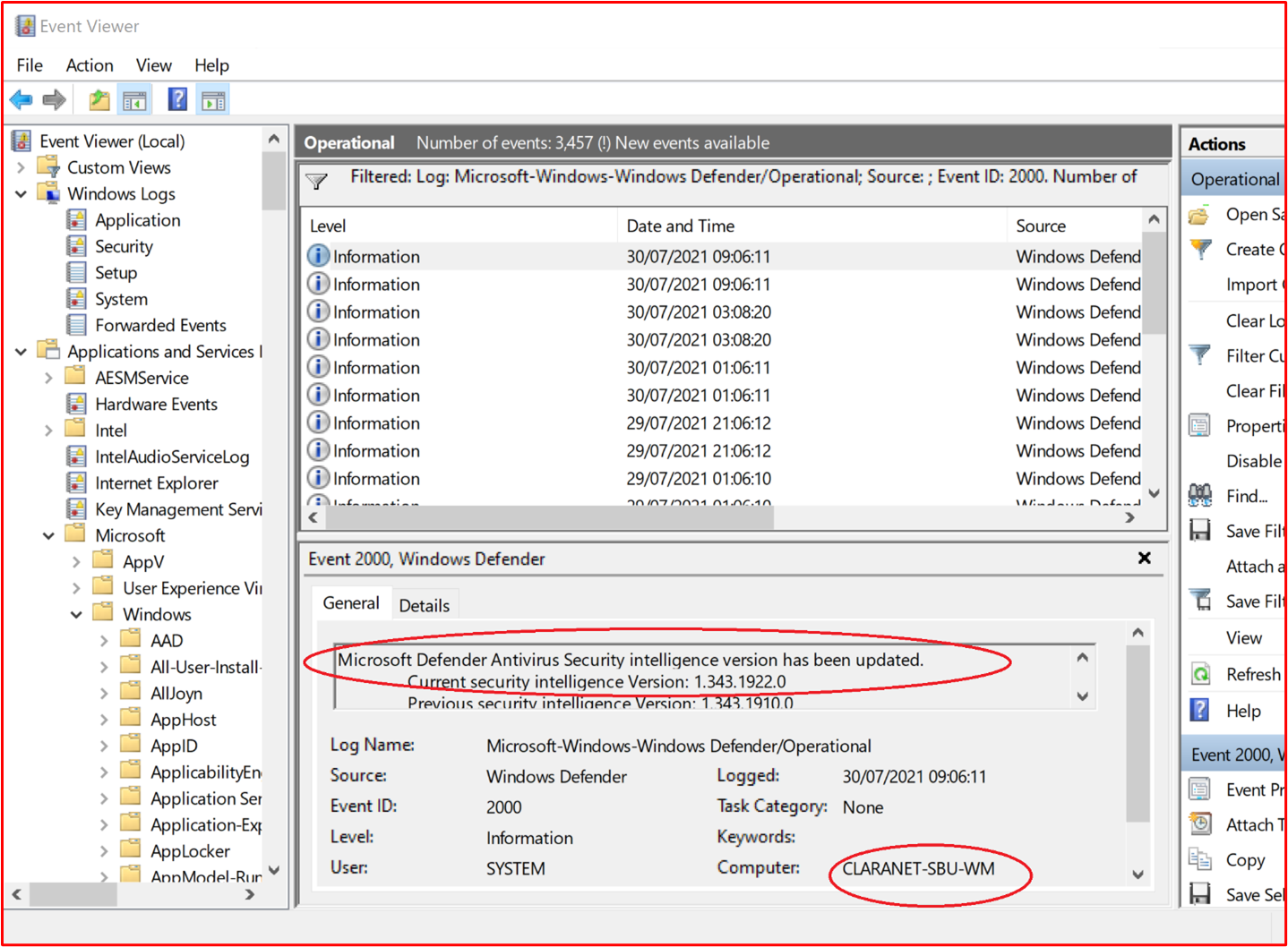 屏幕截图显示“事件 2000， Windows Defender”，显示至少每天更新Microsoft Defender