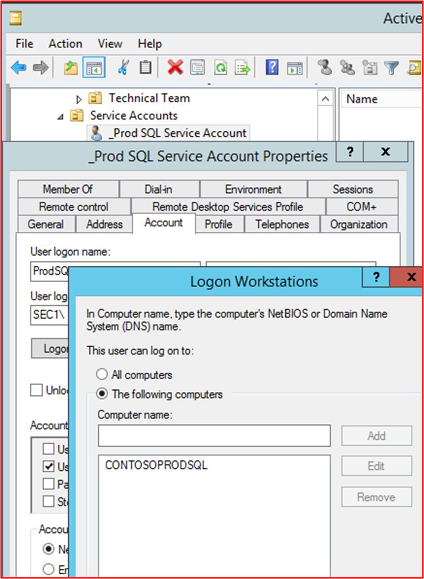 屏幕截图显示服务帐户“_Prod SQL 服务帐户”已锁定到 SQL Server，并且只能登录到该服务器。