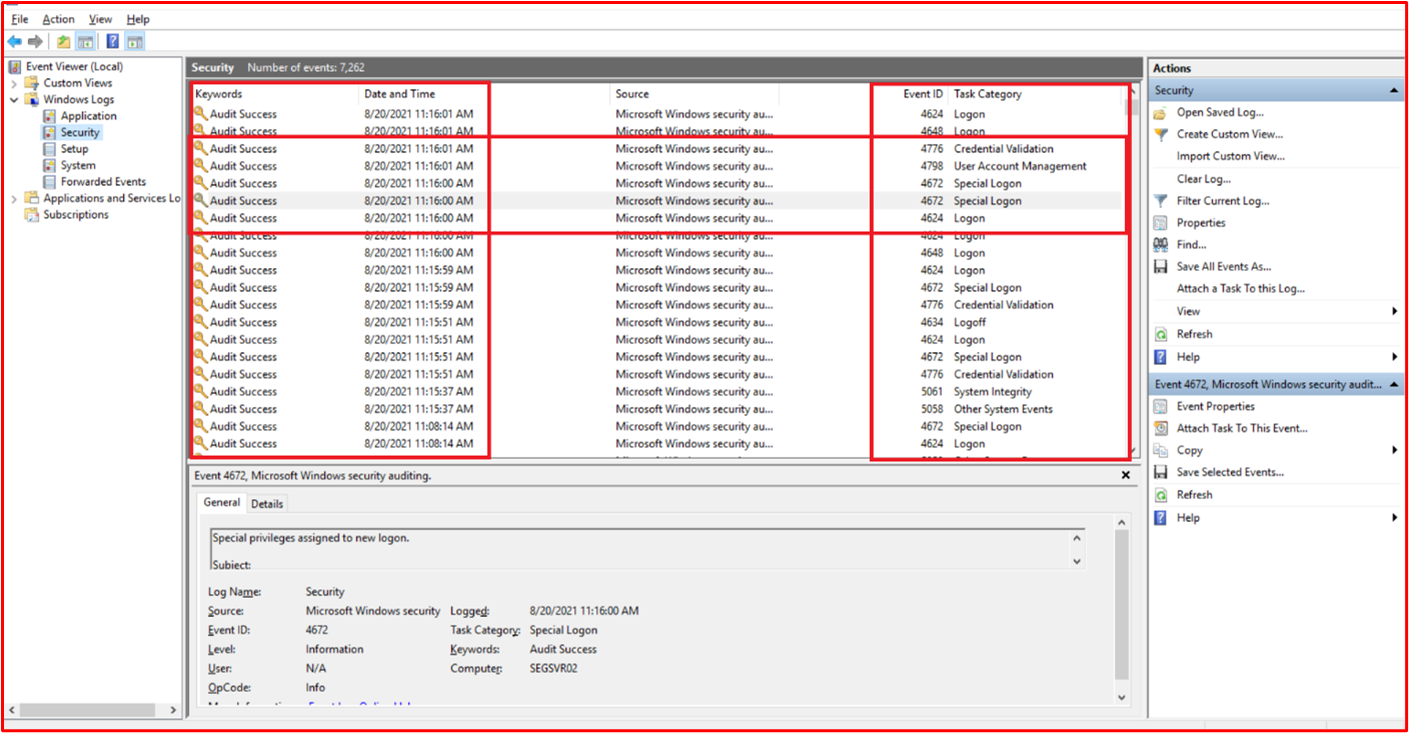 以下屏幕截图显示了来自范围内系统组件“SEGSVR02”的 Windows 事件查看器中安全事件的信息。