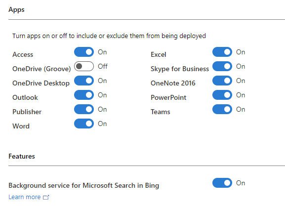 Microsoft 365 中应用和功能的配置设置的屏幕截图，其中显示了 Bing 中各种应用和Microsoft搜索的后台服务。