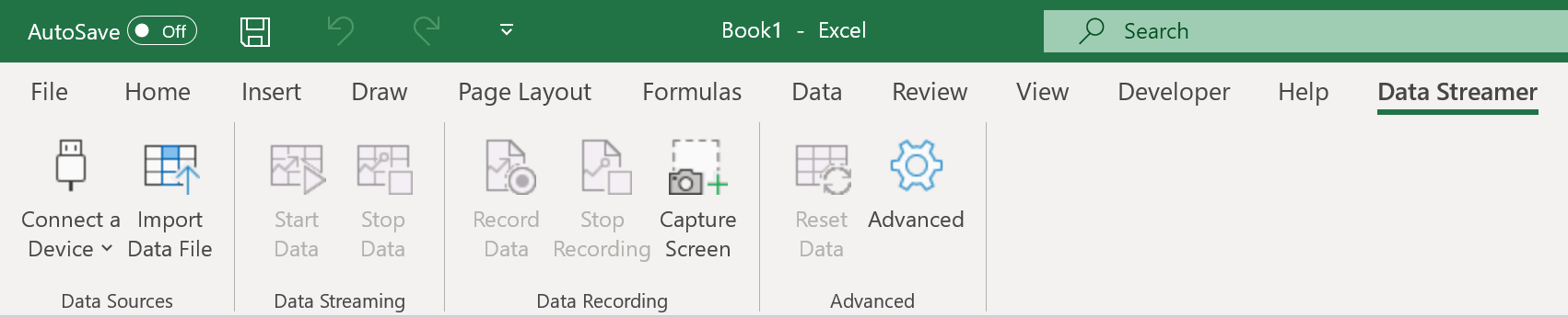 Excel 功能区Microsoft Data Streamer。