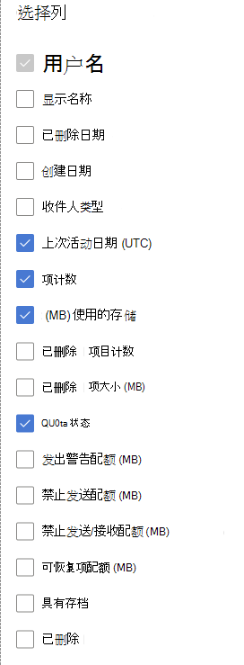 邮箱使用情况报告 - 选择列。