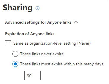 SharePoint 网站级别的“任何人”链接过期设置的屏幕截图。