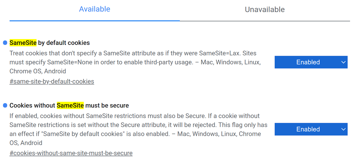 在 Chrome 中启用 SameSite 设置的屏幕截图。