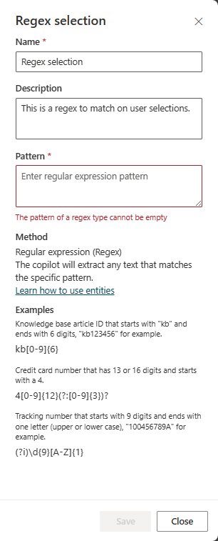 regex 实体窗格的屏幕截图。