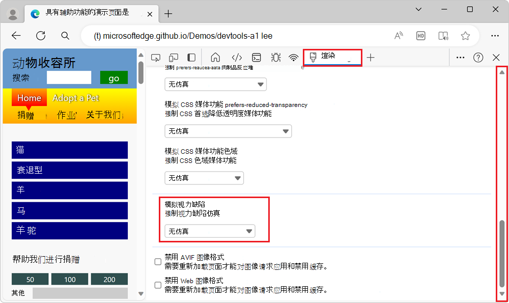 渲染工具中的“模拟视觉缺陷”部分