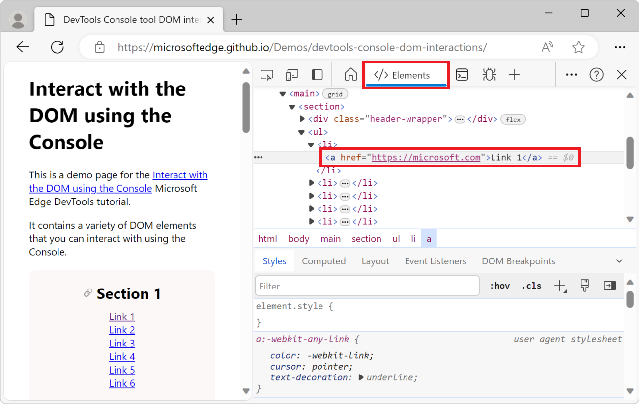 DevTools 中的元素工具，其中选择了链接元素