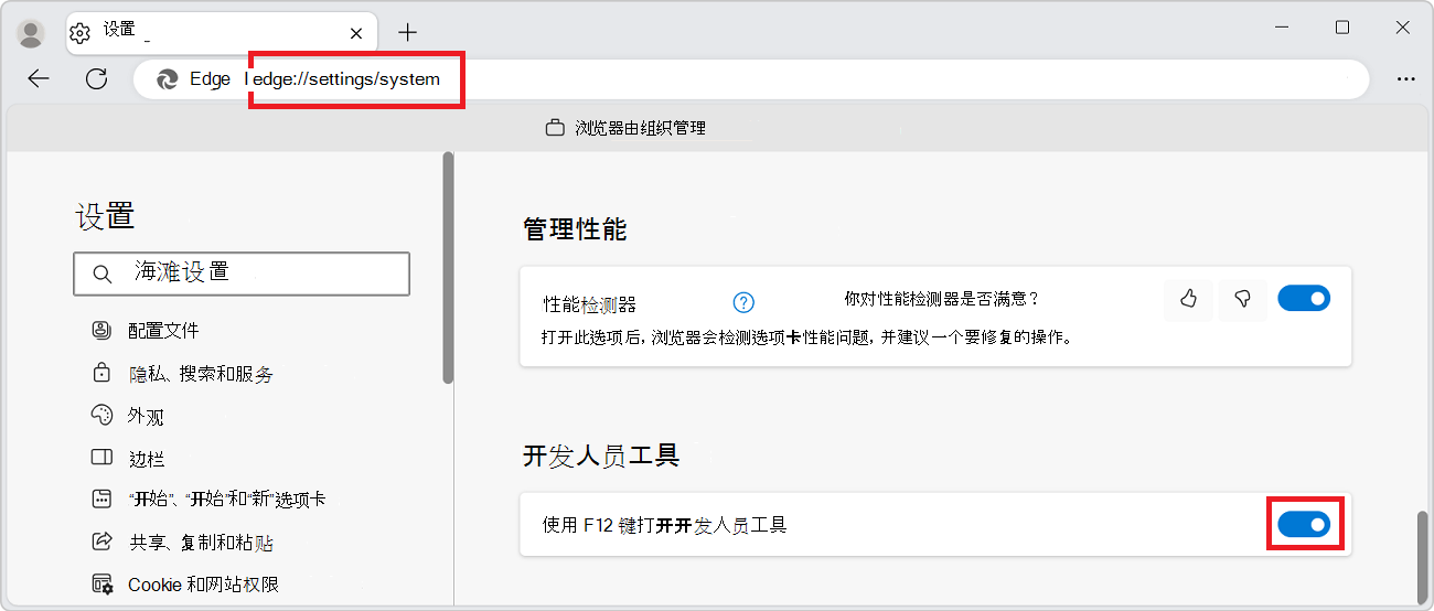 “边缘设置”页，其中包含“开发人员工具”部分，以及用于禁用 F12 键的切换