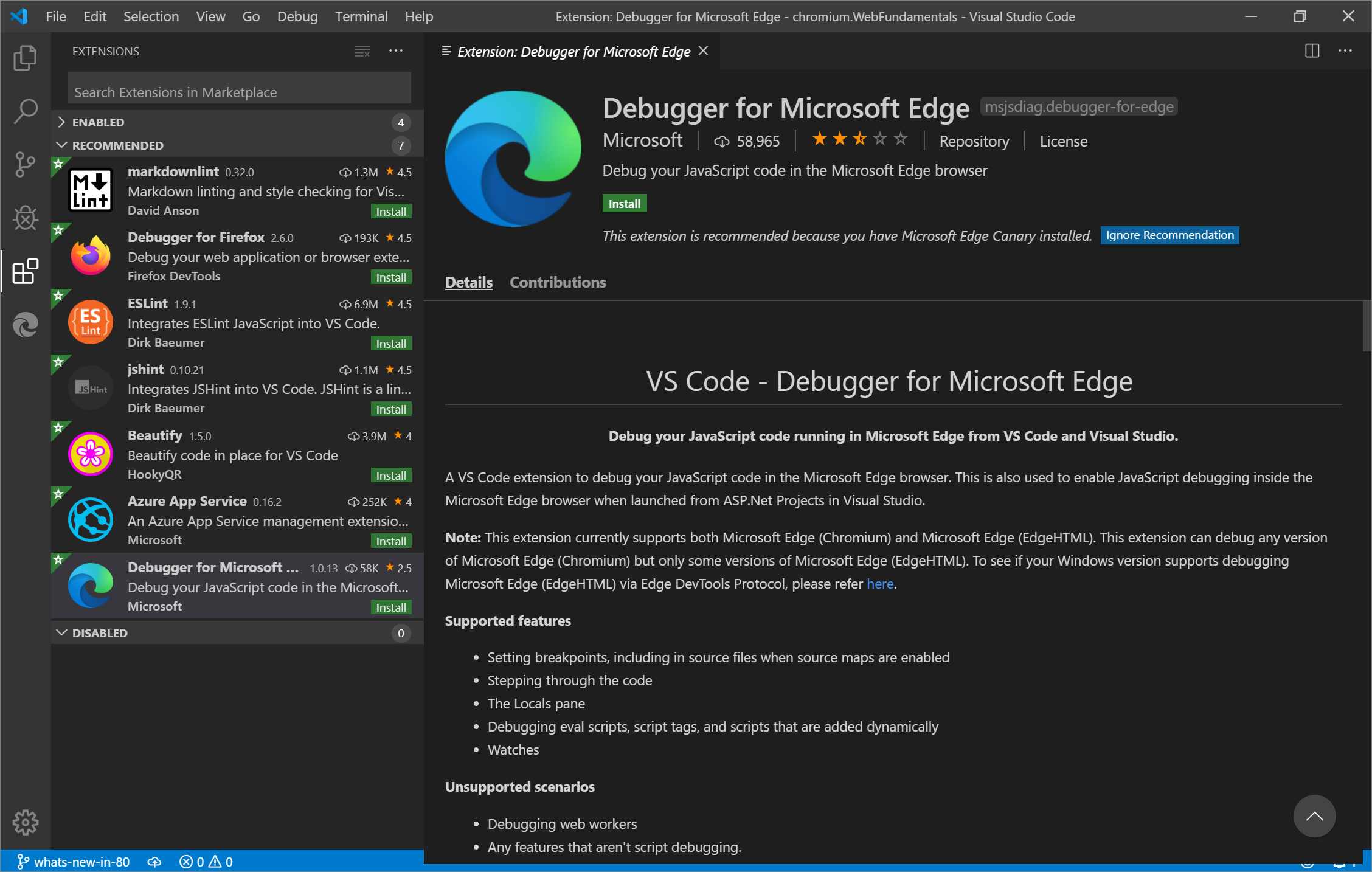 Visual Studio Code 中用于Microsoft Edge 扩展的调试器