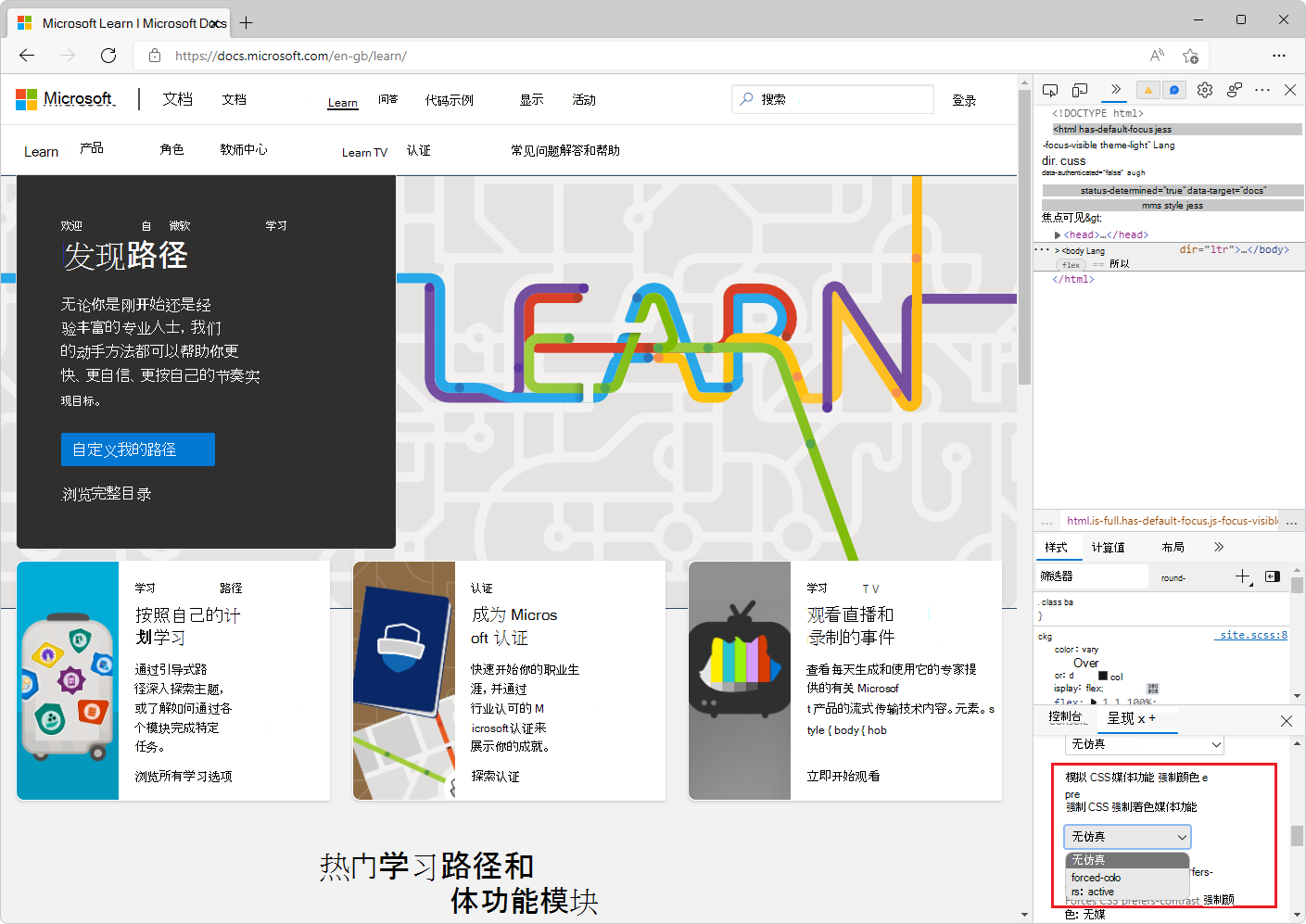 在渲染工具中打开了没有强制颜色仿真的网页