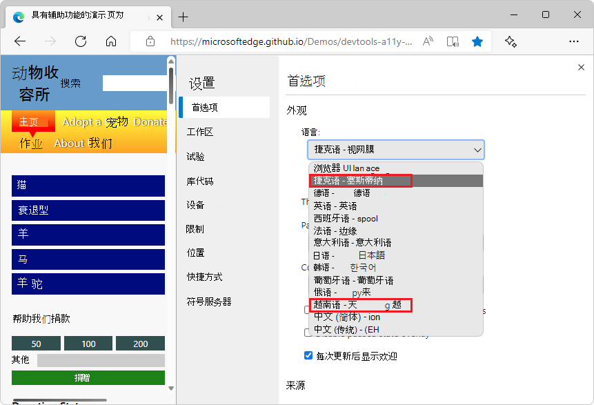 捷克和越南语的 DevTools