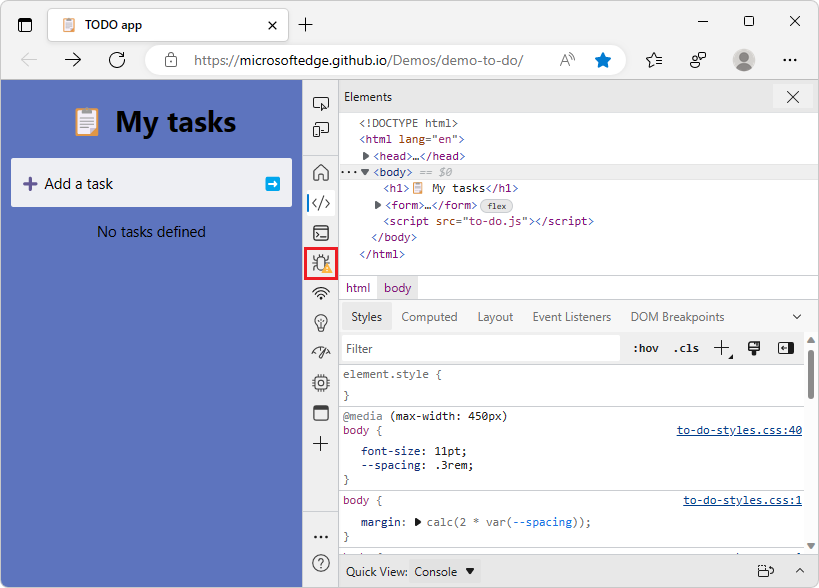 活动栏上“源”工具图标旁边的“JavaScript 禁用”指示器