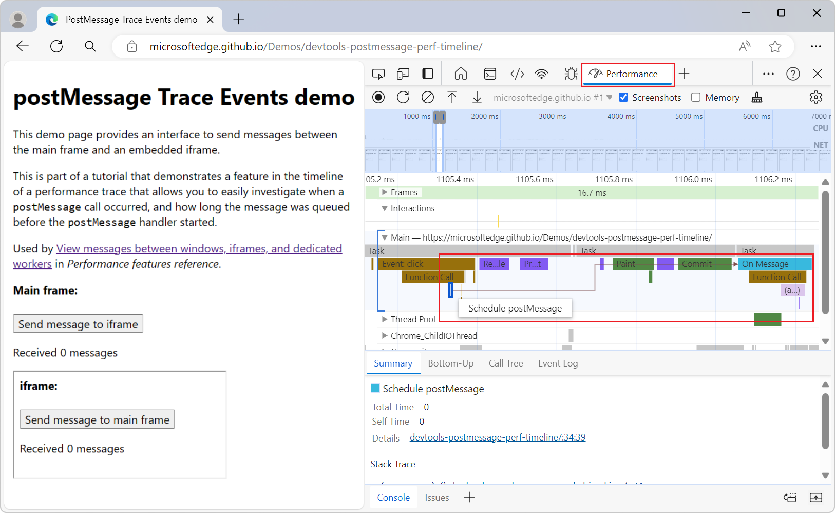 性能工具中的“计划 postMessage”事件和“On Message”事件