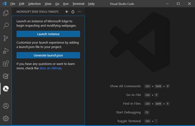 “Microsoft Edge 工具：目标”面板显示“启动实例”和“生成launch.json”按钮