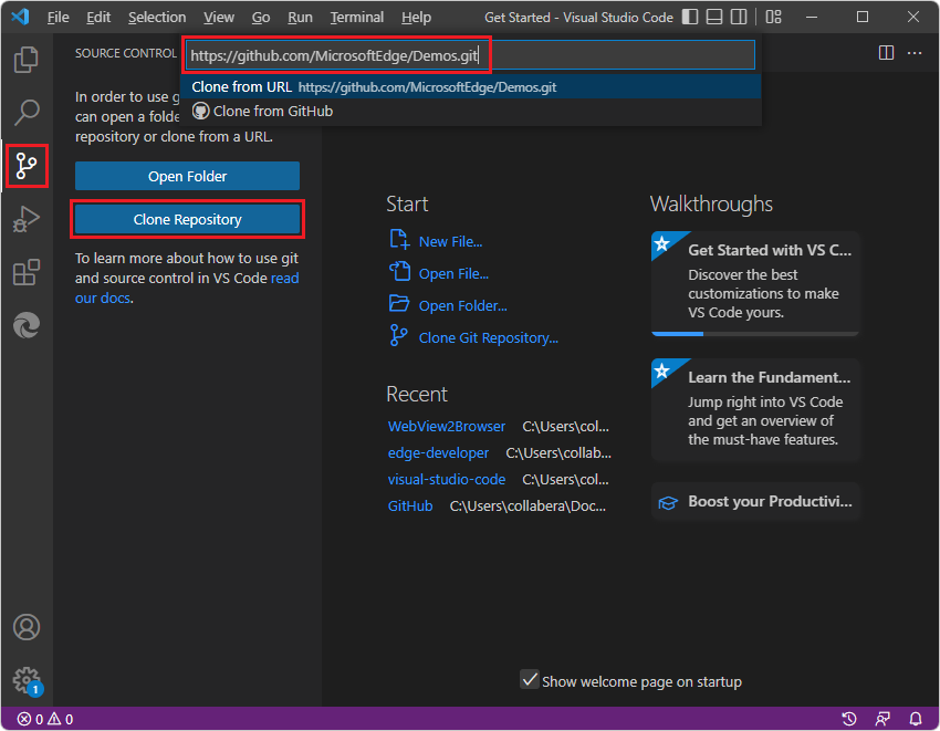 Visual Studio Code中的“克隆存储库”按钮