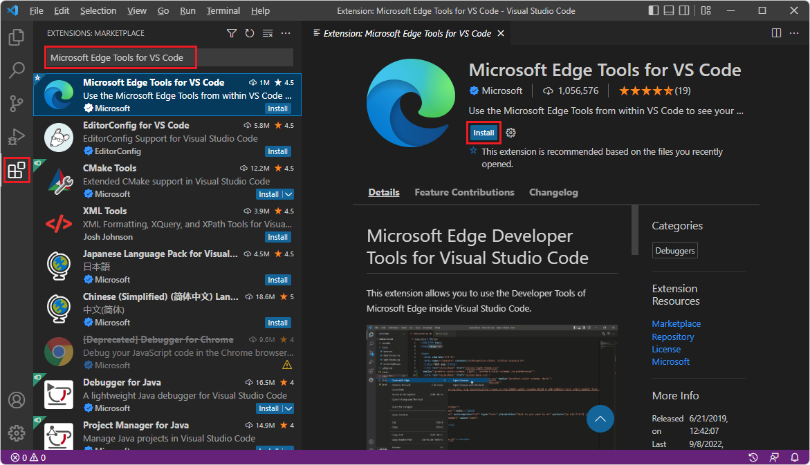 安装适用于 Visual Studio Code 的 Microsoft Edge DevTools 扩展