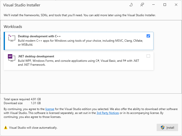 Visual Studio 安装程序提示安装“使用 C++ 进行桌面开发”工作负载