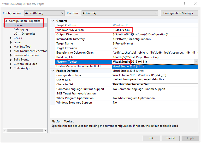 在 Visual Studio 2017 中，将“Windows SDK版本”设置为 10，将“平台工具集”设置为“Visual Studio”