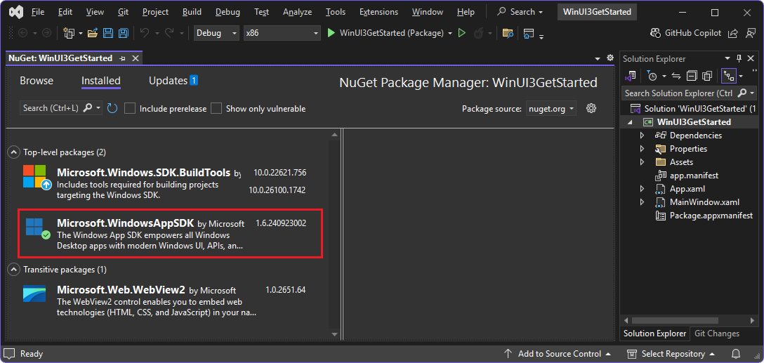 NuGet 选项卡的“已安装”选项卡中列出的预期包