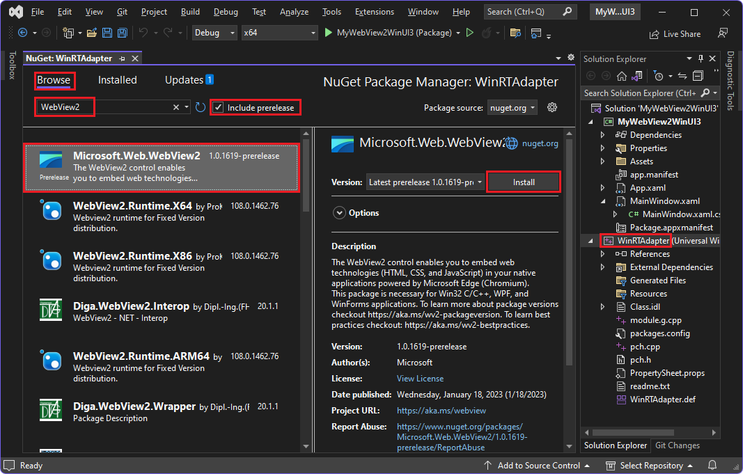 NuGet 包管理器，选择 WinRTAdapter 项目的 WebView2 SDK 包 (WinUI 3) 