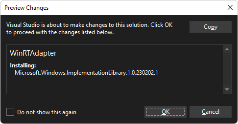 WinRTAdapter 项目的 WIL 的“预览更改”对话框