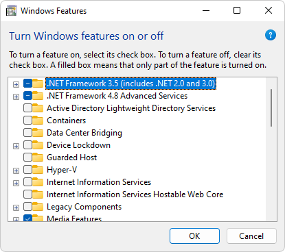 打开或关闭 > Windows 功能.NET Framework 3.5